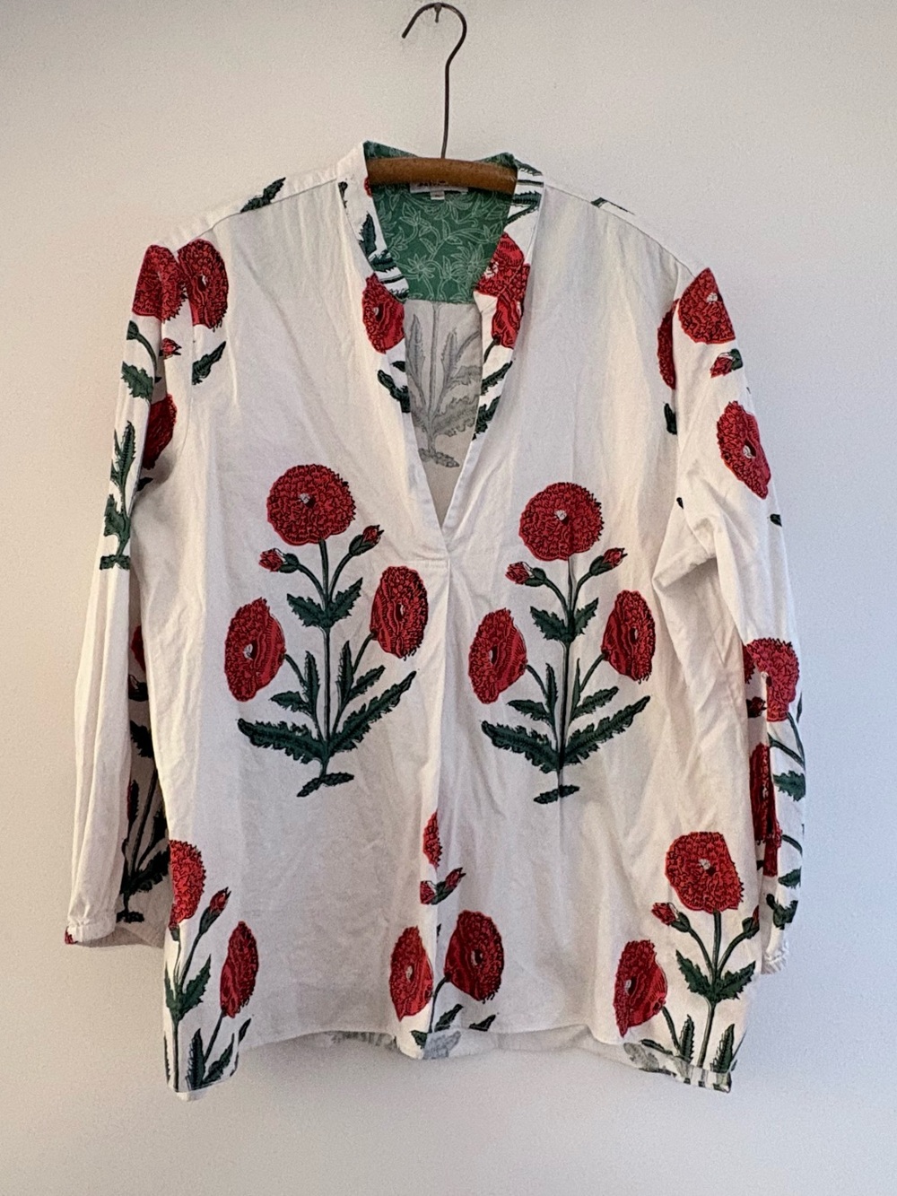 Block-print Patty Kim blouse with red flowers, size XL